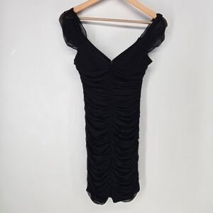 BCBGeneration Dress Women 2 Black Ruched Mesh Cap Sleeve Bodycon Cocktail LBD